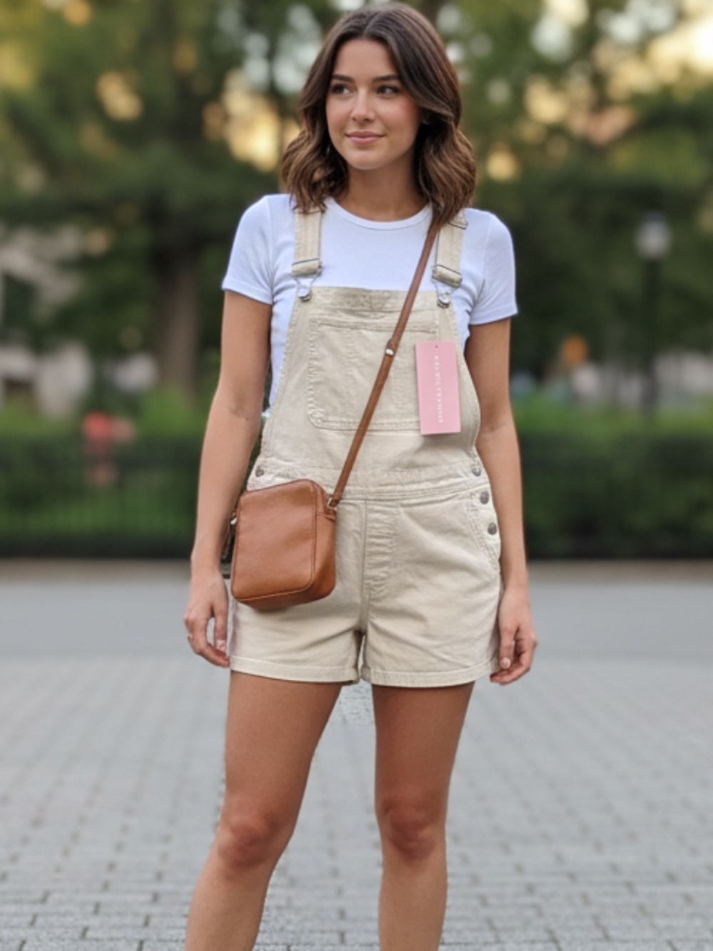 NWT Celebtity Pink beige denim overall shorts shortalls med